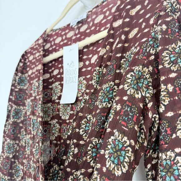 Patrons of Peace Brown Burgundy Medallion Floral Autumn Boho Mini Wrap Dress NEW - Picture 4 of 16